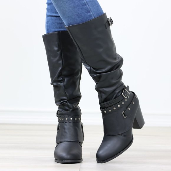 Motorcycle Heeled Boots For Rocker Biker Girls Below The Knee Black Faux Leather - Picture 9 of 14